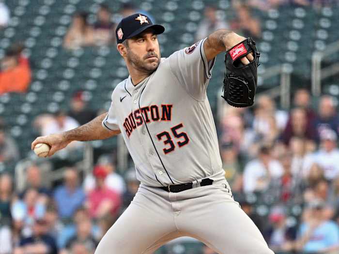 May 10, 2022; Minneapolis, Minnesota, USA; Houston Astros starting pitcher Justin Verlander (35) delivers a pitch against the Minnesota Twins during the first inning at Target Field.